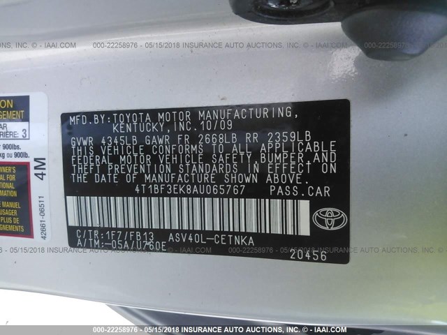 4T1BF3EK8AU065767 - 2010 TOYOTA CAMRY SE/LE/XLE 银色 照片 9