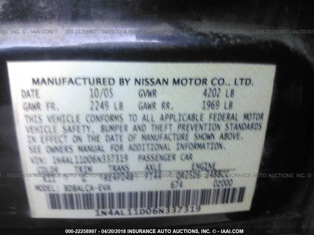 1N4AL11D06N337319 - 2006 NISSAN ALTIMA S/SL GRAY photo 9