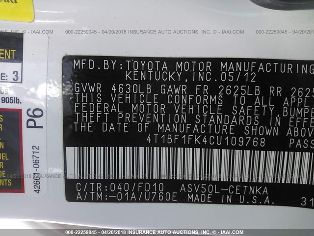 4T1BF1FK4CU109768 - 2012 TOYOTA CAMRY SE/LE/XLE 白色 照片 9