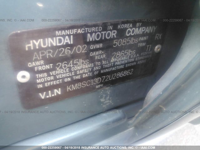 KM8SC13D72U286862 - 2002 HYUNDAI SANTA FE GLS/LX GREEN photo 9