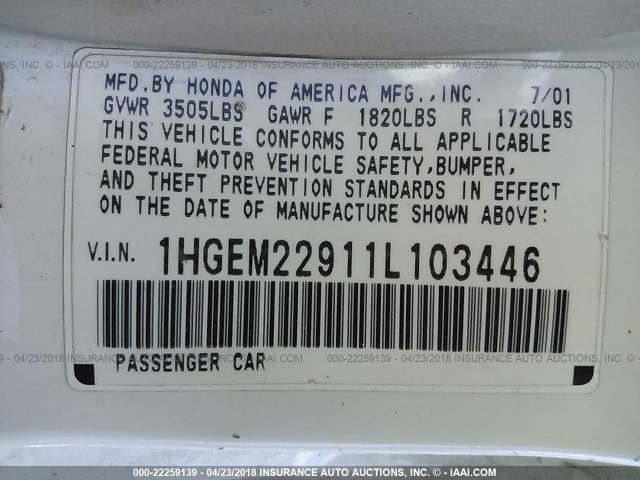 1HGEM22911L103446 - 2001 HONDA CIVIC SI/EX WHITE photo 9