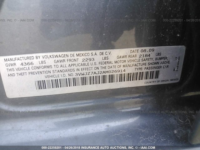 3VWJZ7AJ2AM026914 - 2010 VOLKSWAGEN JETTA S 灰色 照片 9