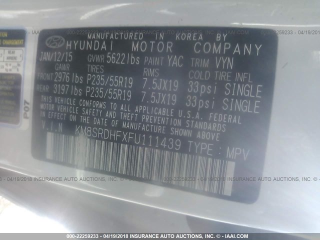 KM8SRDHFXFU111439 - 2015 HYUNDAI SANTA FE GLS/LIMITED WHITE photo 9