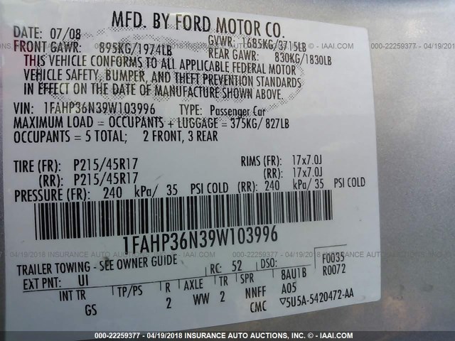 1FAHP36N39W103996 - 2009 FORD FOCUS SES SILVER photo 9