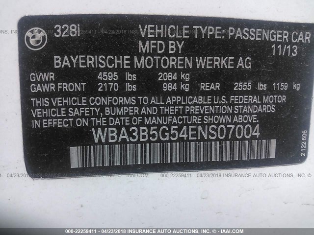 WBA3B5G54ENS07004 - 2014 BMW 328 XI SULEV WHITE photo 9