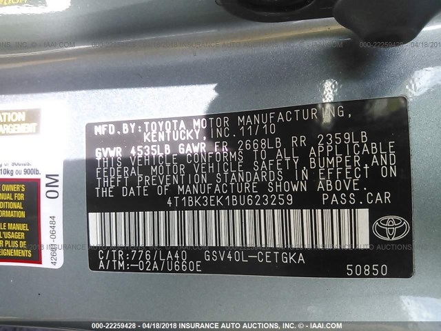 4T1BK3EK1BU623259 - 2011 TOYOTA CAMRY SE/LE/XLE GREEN photo 9