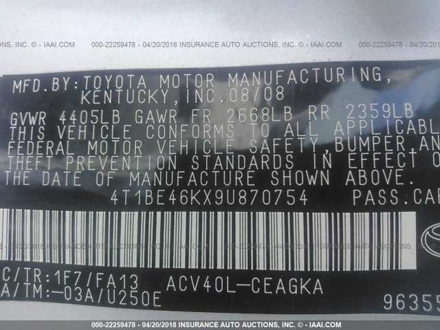 4T1BE46KX9U870754 - 2009 TOYOTA CAMRY SE/LE/XLE SILVER photo 9