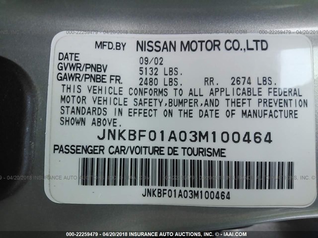 JNKBF01A03M100464 - 2003 INFINITI Q45 SILVER photo 9