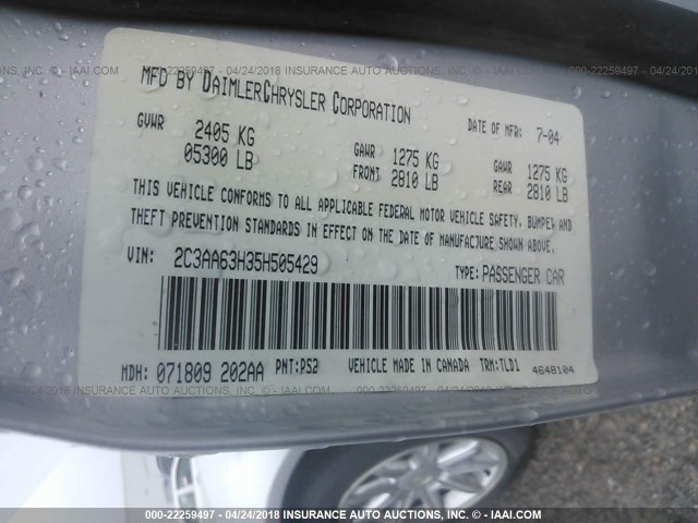 2C3AA63H35H505429 - 2005 CHRYSLER 300C SILVER photo 9