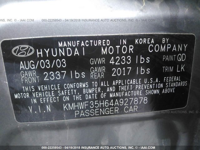 KMHWF35H64A927878 - 2004 HYUNDAI SONATA GLS/LX GRAY photo 9