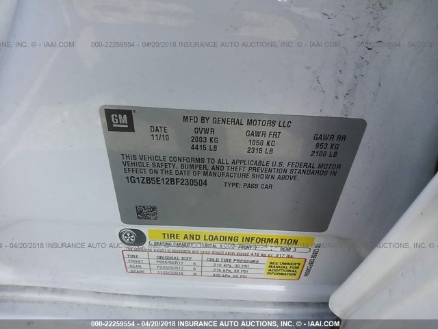 1G1ZB5E12BF230504 - 2011 CHEVROLET MALIBU LS 白色 照片 9