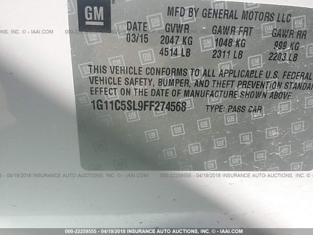 1G11C5SL9FF274568 - 2015 CHEVROLET MALIBU 1LT 白色 照片 9