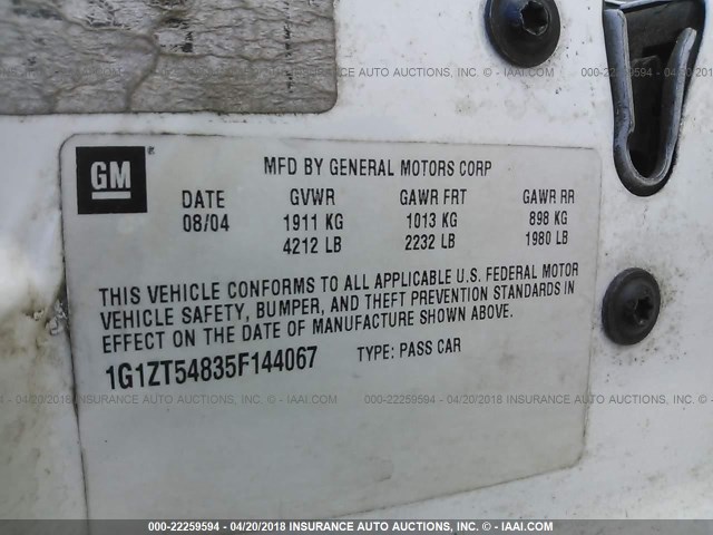 1G1ZT54835F144067 - 2005 CHEVROLET MALIBU LS თეთრი ფოტო 9