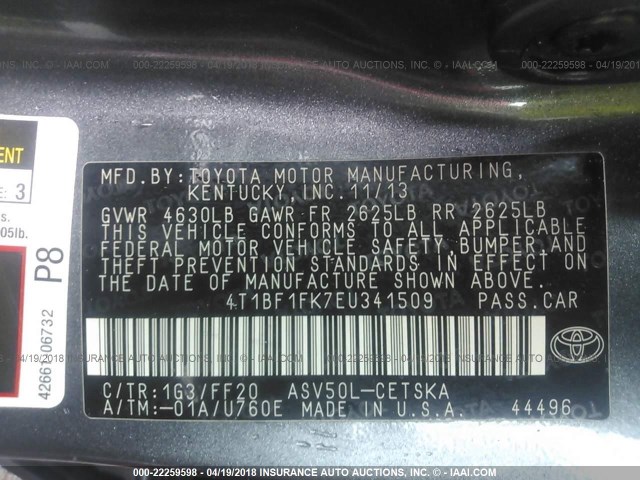 4T1BF1FK7EU341509 - 2014 TOYOTA CAMRY L/SE/LE/XLE 灰色 照片 9