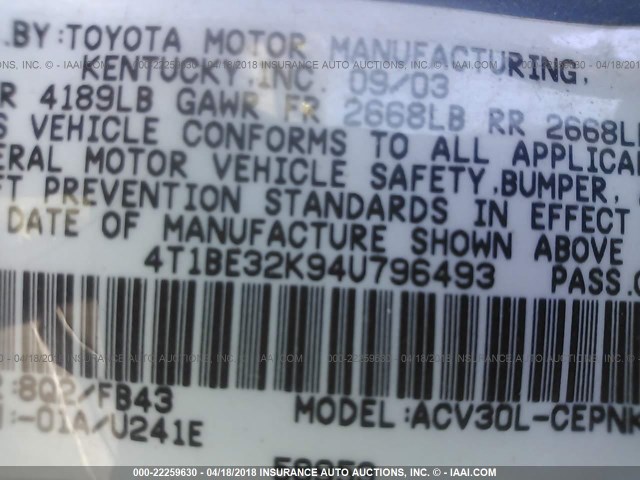 4T1BE32K94U796493 - 2004 TOYOTA CAMRY LE/XLE/SE BLUE photo 9