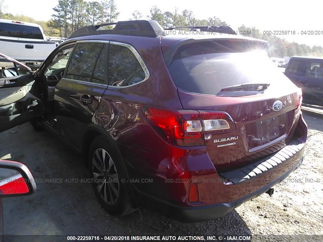 4S4BSBLC6F3332807 - 2015 SUBARU OUTBACK 2.5I LIMITED MAROON photo 3