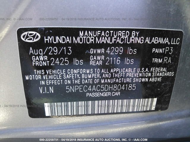 5NPEC4AC5DH804185 - 2013 HYUNDAI SONATA SE/LIMITED GRAY photo 9