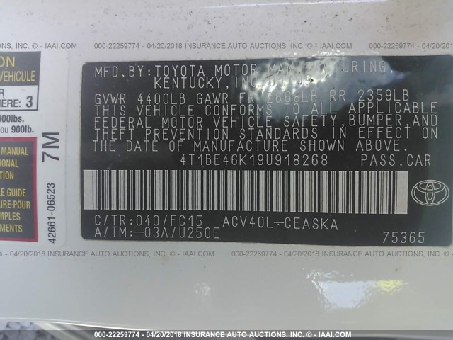 4T1BE46K19U918268 - 2009 TOYOTA CAMRY SE/LE/XLE WHITE photo 9
