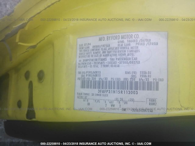 3FAFP31N15R113003 - 2005 FORD FOCUS ZX3 YELLOW photo 9