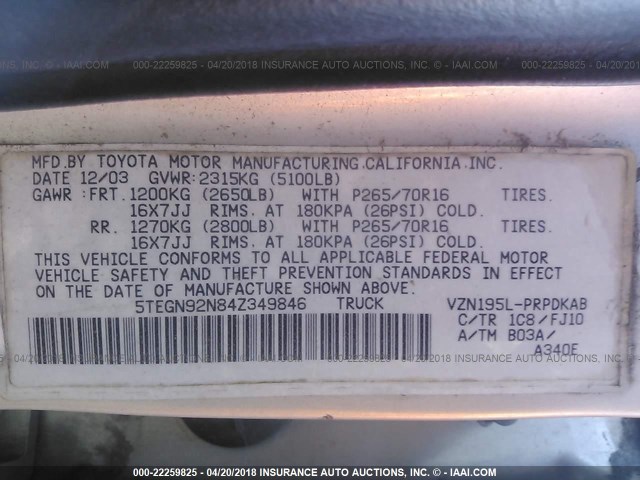 5TEGN92N84Z349846 - 2004 TOYOTA TACOMA DOUBLE CAB PRERUNNER TAN photo 9