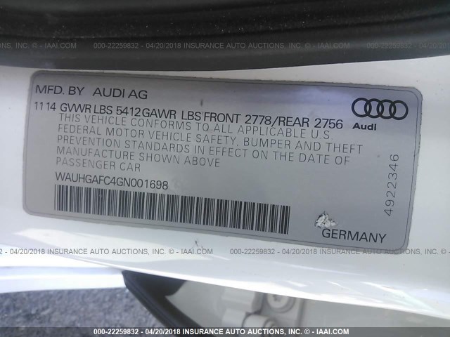 WAUHGAFC4GN001698 - 2016 AUDI A6 PRESTIGE თეთრი ფოტო 9