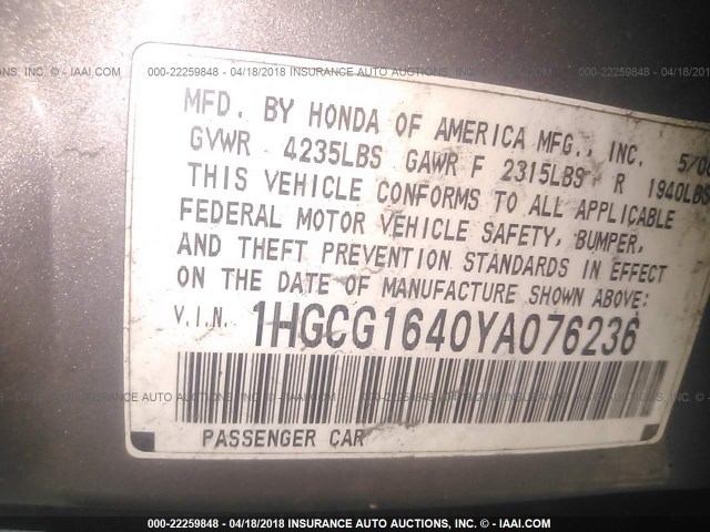 1HGCG1640YA076236 - 2000 HONDA ACCORD LX GRAY photo 9