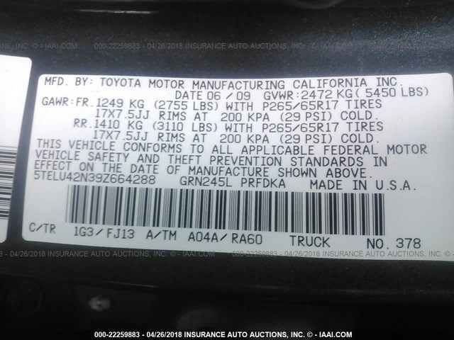 5TELU42N39Z664288 - 2009 TOYOTA TACOMA DOUBLE CAB ნაცრისფერი ფოტო 9