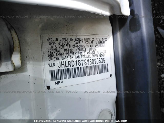JHLRD1878YS020535 - 2000 HONDA CR-V SE/EX WHITE photo 9
