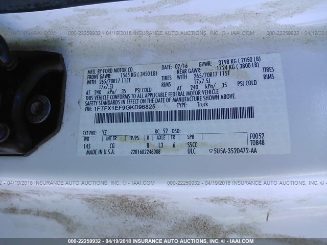 1FTFX1EF9GKD96825 - 2016 FORD F150 SUPER CAB WHITE photo 9