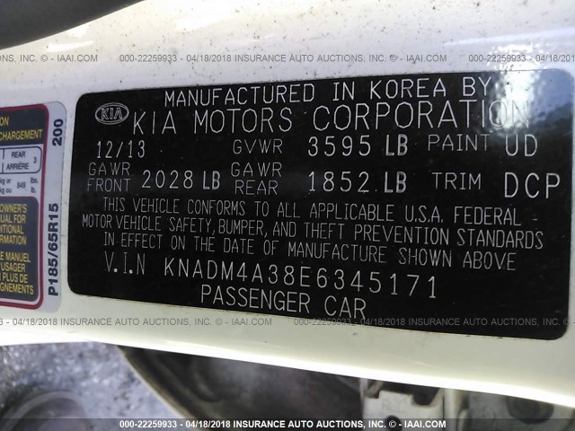 KNADM4A38E6345171 - 2014 KIA RIO LX WHITE photo 9