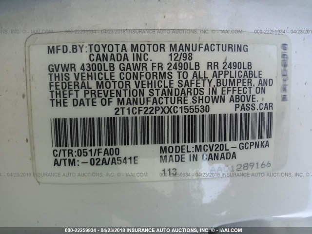 2T1CF22PXXC155530 - 1999 TOYOTA CAMRY SOLARA SE/SLE WHITE photo 9