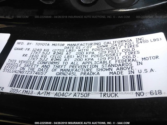 5TELU42N87Z374657 - 2007 TOYOTA TACOMA DOUBLE CAB 黑色 照片 9