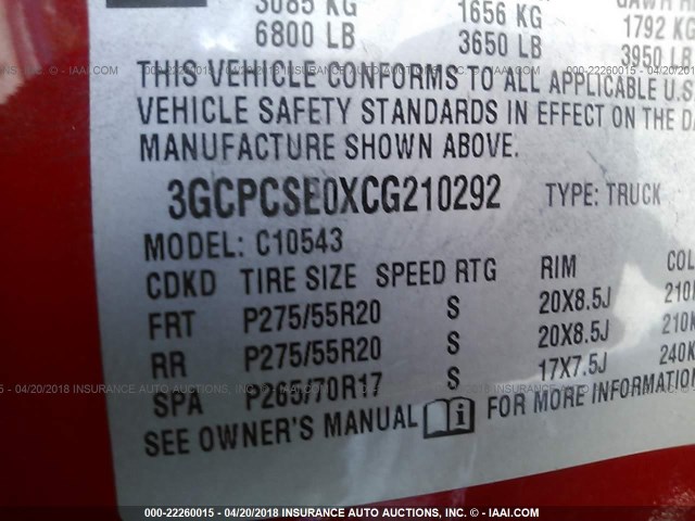 3GCPCSE0XCG210292 - 2012 CHEVROLET SILVERADO C1500 LT RED photo 9