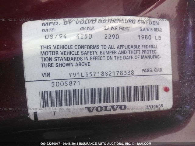 YV1LS5718S2178338 - 1995 VOLVO 850 MAROON photo 9