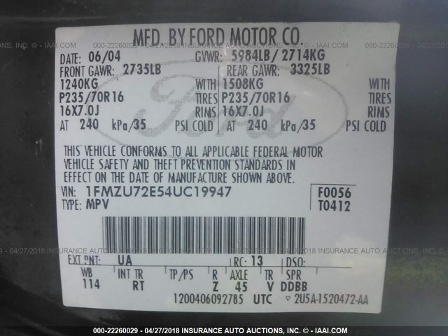 1FMZU72E54UC19947 - 2004 FORD EXPLORER XLS/XLS SPORT BLACK photo 9