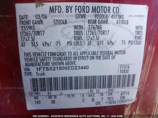 1FTSX21506ED23440 - 2006 FORD F250 SUPER DUTY RED photo 9