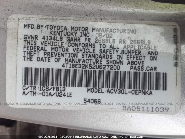 4T1BE32K52U627200 - 2002 TOYOTA CAMRY LE/XLE/SE ვერცხლისფერი ფოტო 9