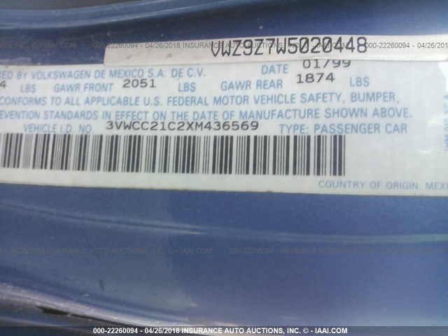 3VWCC21C2XM436569 - 1999 VOLKSWAGEN NEW BEETLE GLS BLUE photo 9