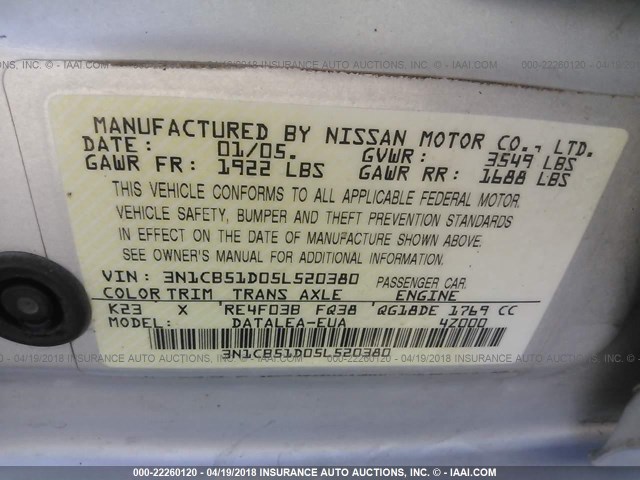 3N1CB51D05L520380 - 2005 NISSAN SENTRA 1.8/1.8S SILVER photo 9