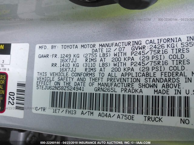 5TEJU62N58Z524941 - 2008 TOYOTA TACOMA DOUBLE CAB PRERUNNER SILVER photo 9