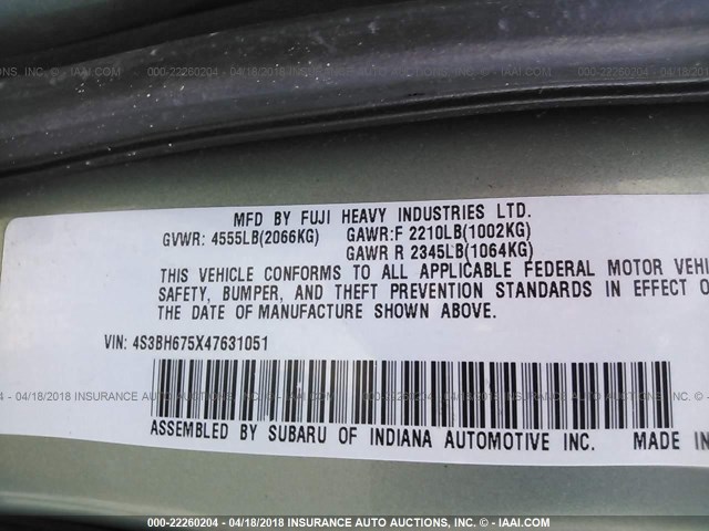 4S3BH675X47631051 - 2004 SUBARU LEGACY OUTBACK AWP 绿色 照片 9