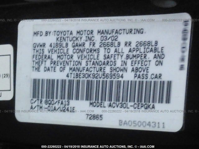 4T1BE30K92U569594 - 2002 TOYOTA CAMRY LE/XLE/SE ლურჯი ფოტო 9