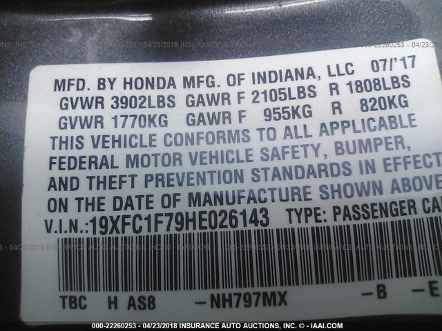 19XFC1F79HE026143 - 2017 HONDA CIVIC EXL GRAY photo 9