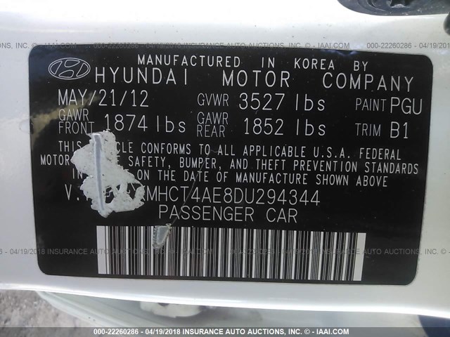 KMHCT4AE8DU294344 - 2013 HYUNDAI ACCENT GLS/GS WHITE photo 9