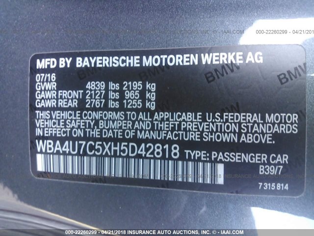 WBA4U7C5XH5D42818 - 2017 BMW 430I GRAY photo 9