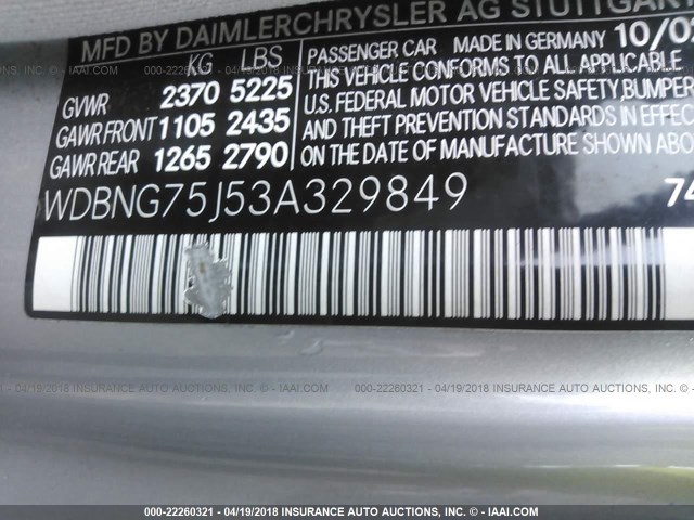 WDBNG75J53A329849 - 2003 MERCEDES-BENZ S 500 GRAY photo 9
