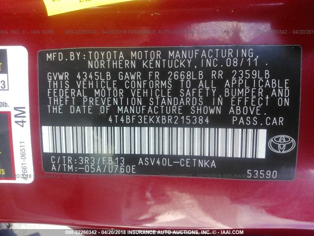 4T4BF3EKXBR215384 - 2011 TOYOTA CAMRY SE/LE/XLE RED photo 9