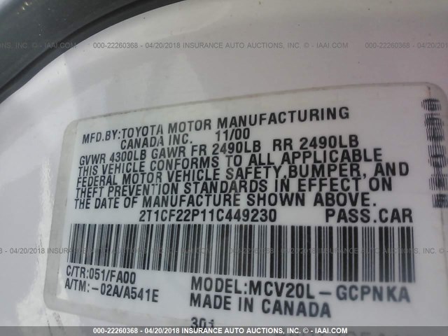 2T1CF22P11C449230 - 2001 TOYOTA CAMRY SOLARA SE/SLE თეთრი ფოტო 9