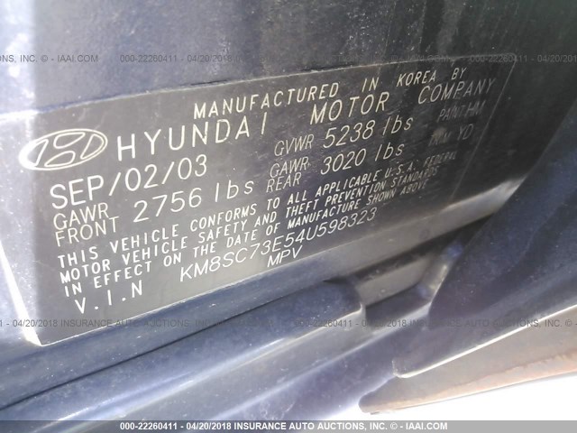 KM8SC73E54U598323 - 2004 HYUNDAI SANTA FE GLS/LX Dark Blue photo 9