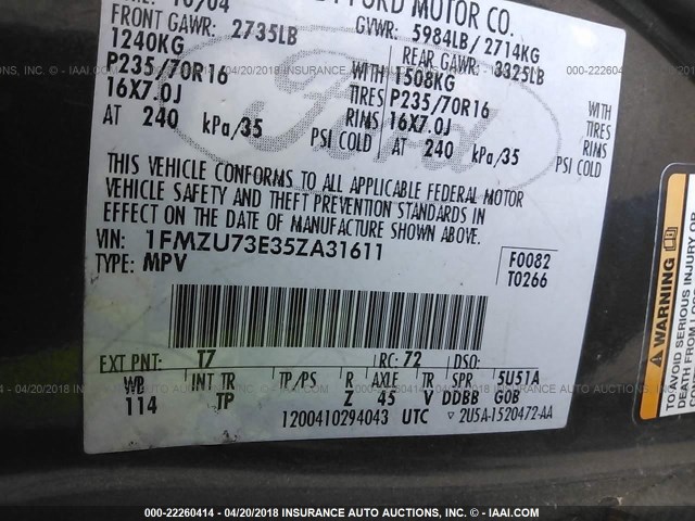 1FMZU73E35ZA31611 - 2005 FORD EXPLORER XLT/XLT SPORT/NBX 黑色 照片 9